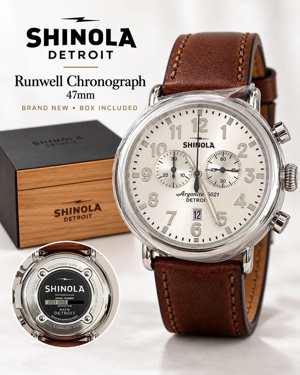 SHINOLA RUNWELL CHRONOGRAPH 47MM WHITE DIAL BROWN LEATHER WATCH NEW IN BOX